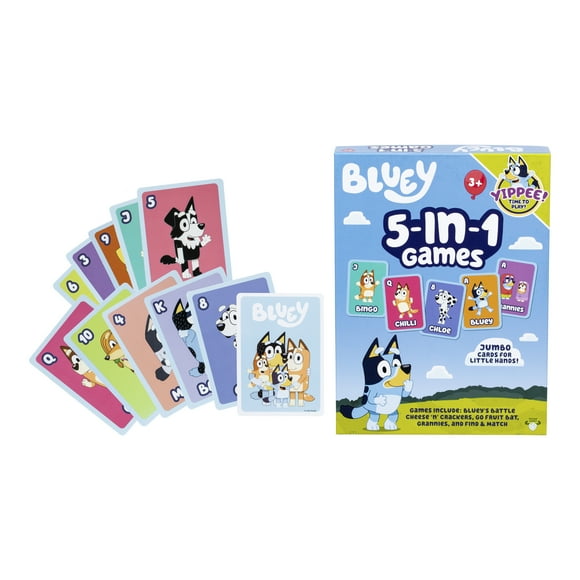 Bluey 5 Family Favorites Card Game Set, Includes Fun Bluey Versions of Snap, War, Go Fish, Old Maid And Memory, With 53 Jumbo Sized Cards, 2 - 4 Players, Ages 3