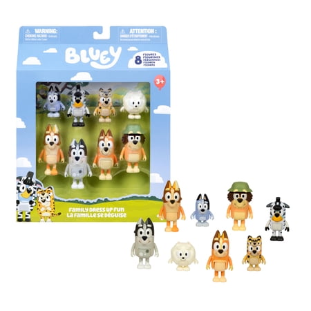 Bluey Family Dress Up Fun 8 Pack, 2.5-3" Figures; Bluey and Bingo Wearing Onesies, Grandad, Socks, Pop Pom, Aunty Brandy, Trixie and Chilli, Ages 3+