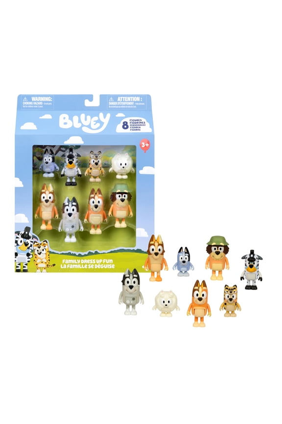 Family Dress Up Fun 8 Pack, 2.5-3" Figures; Bluey and Bingo Wearing Onesies, Grandad, Socks, Pop Pom, Aunty Brandy, Trixie and Chilli, Ages 3+