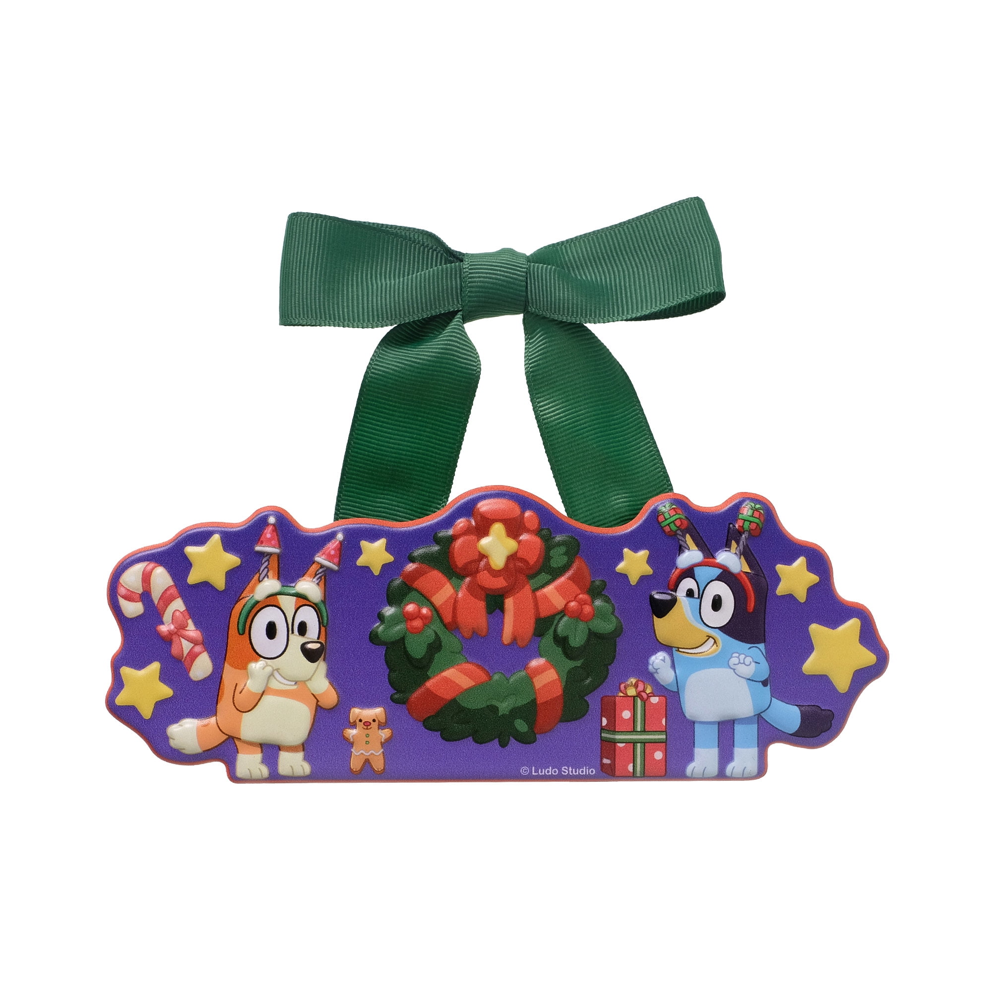 Bluey 6 inch Metal Ribbon Sign with Festive Wreath and Candy Cane Design