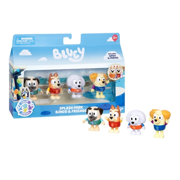 Bluey, Splash Park Bingo and Friends 4 Pack, Includes Bingo, Buddy, Chucky and Lila with Color-Change Rashies, Ages 3+