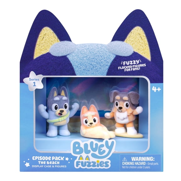 Bluey Fuzzies Episode Pack: The Beach. 3 Flocked Collectible Mini-Figures (Incl. 1 Exclusive), Display Case, Trading Card, and Collector's Guide. Ages 4+