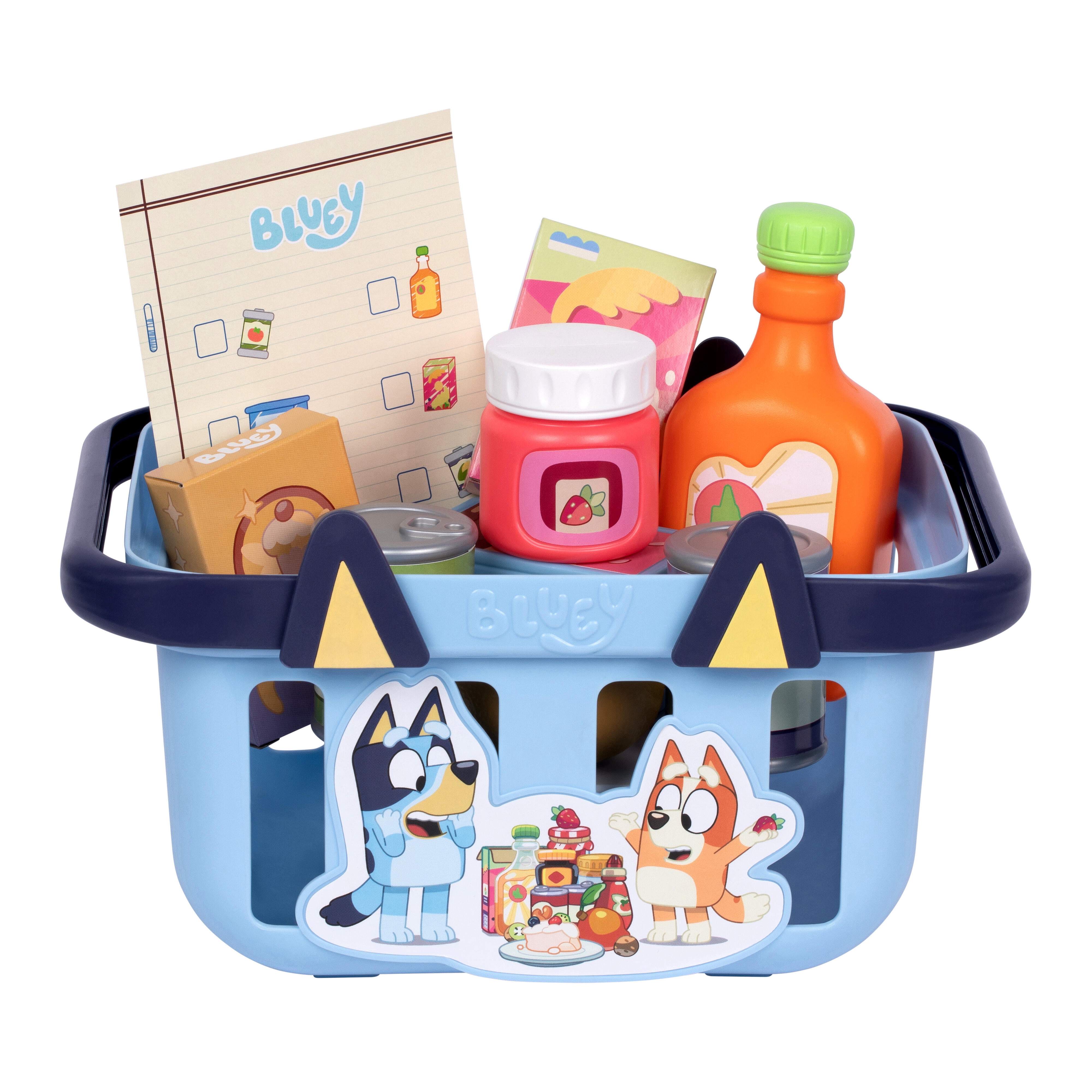 Bluey Shopping Basket, Toddler-Sized Basket Includes 9 Fun Bluey Grocery Accessories & Shopping List, Featuring Folding Handles, Ages 3+