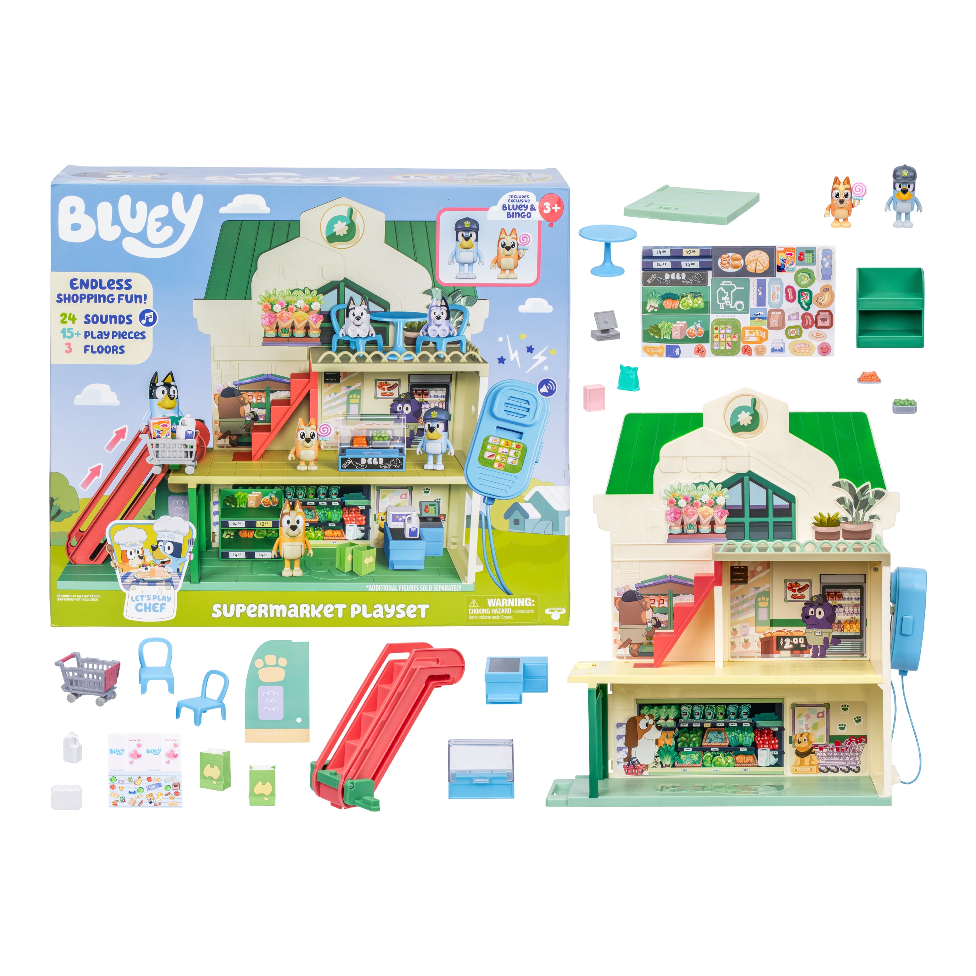 Bluey Supermarket Playset, 3 Different Levels with Exclusive Bluey and Bingo Figures. 24 Sounds and 15+ Play Pieces Plus Fun Intercom, Ages 3+