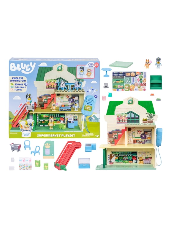 Supermarket Playset, 3 Different Levels with Exclusive Bluey and Bingo Figures. 24 Sounds and 15+ Play Pieces Plus Fun Intercom, Ages 3+