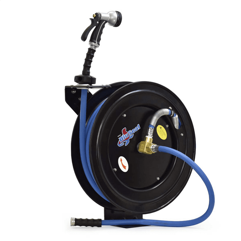 BLUSEAL BSWR5850 Retractable Hose Reel with 5/8 x 50' Hot Water Rubber Hose,  6' Lead-in, 500 PSI, Brass Fittings, Swivel Mount Hose Reel, 9 Pattern  Spray Nozzle 
