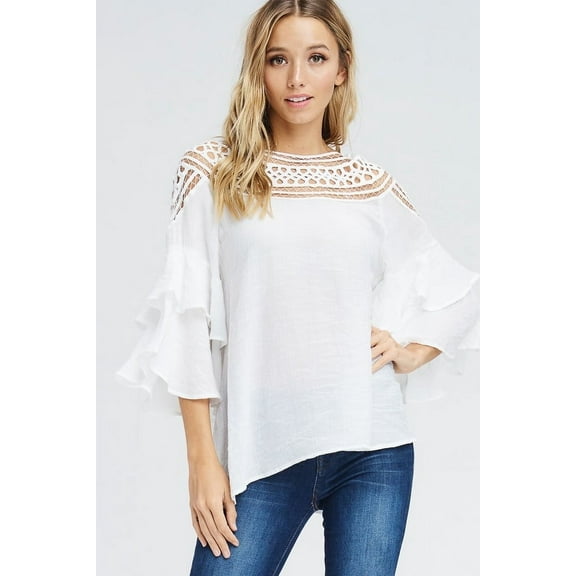 BLUSHING HEART Tiered Ruffle Sleeve Top with Crochet Neck Line Off White (Large)