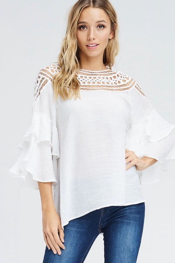 BLUSHING HEART Tiered Ruffle Sleeve Top with Crochet Neck Line Off White (Small)