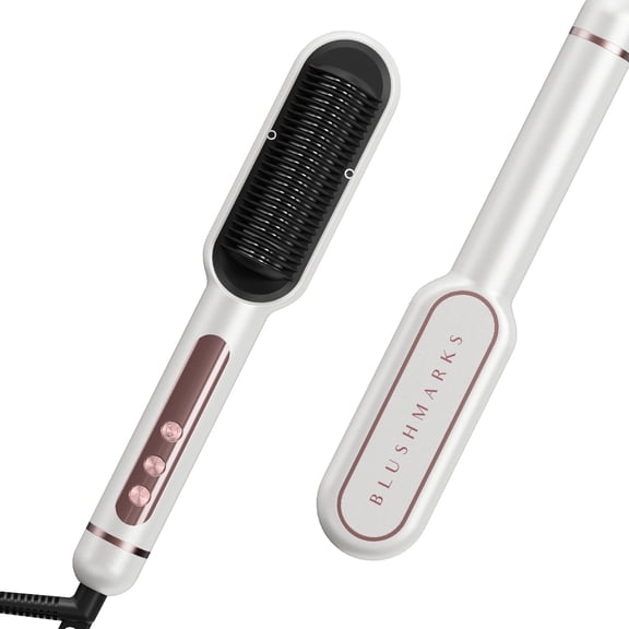Blush Marks Hair Straightener Brush with Nano Titanium-30s Fast Heat Ionic Straightening Comb, 9 Temp LED Display & Anti-Scald, Professional Styling Gift for Women