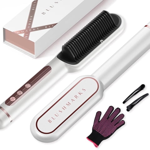 Blush Marks Hair Straightener Brush with Nano Titanium-30s Fast Heat Ionic Straightening Comb, 9 Temp LED Display & Anti-Scald, Professional Styling Gift for Women