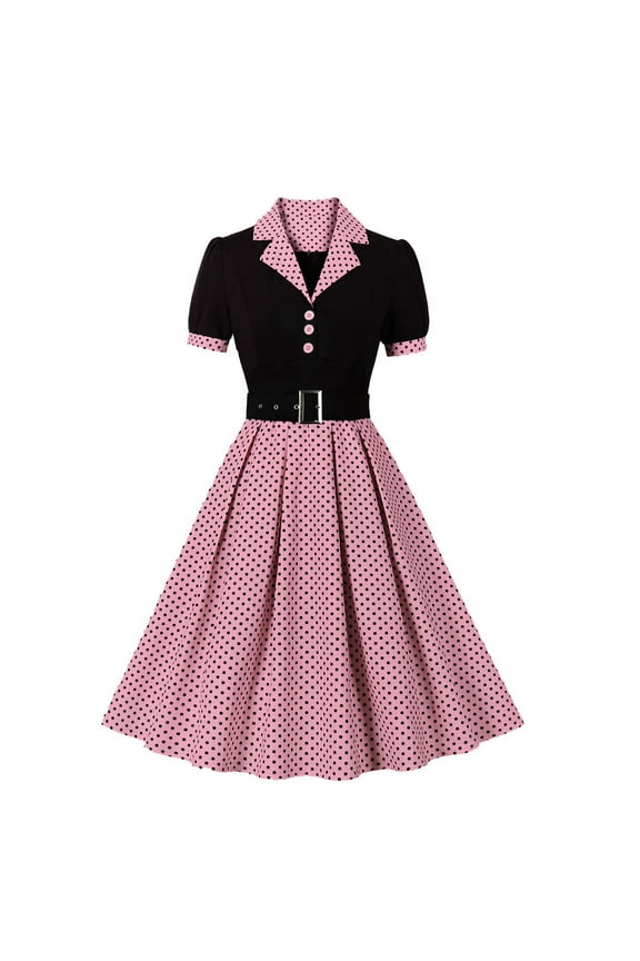 1950s Vintage Shirt Dress for Women Short Sleeve V Neck Tea Party Dress Retro Style Cocktail Dresses