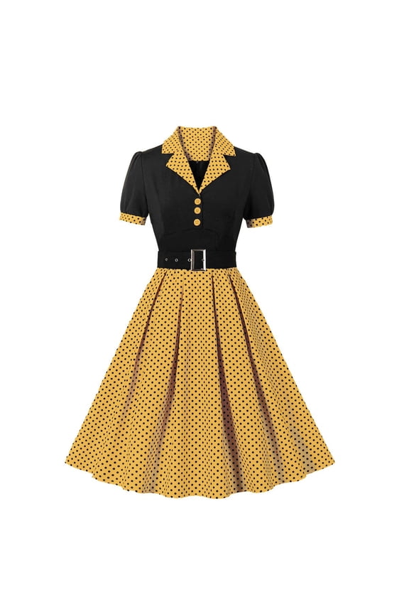 1950s Vintage Shirt Dress for Women Short Sleeve V Neck Tea Party Dress Retro Style Cocktail Dresses