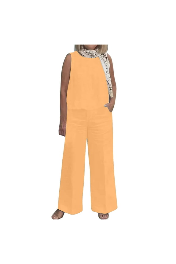 2 Piece Cotton Linen Outfits for Women Tank Top and Wide Leg Pants Suits Plus Size Dressy Matching Sets with Pockets