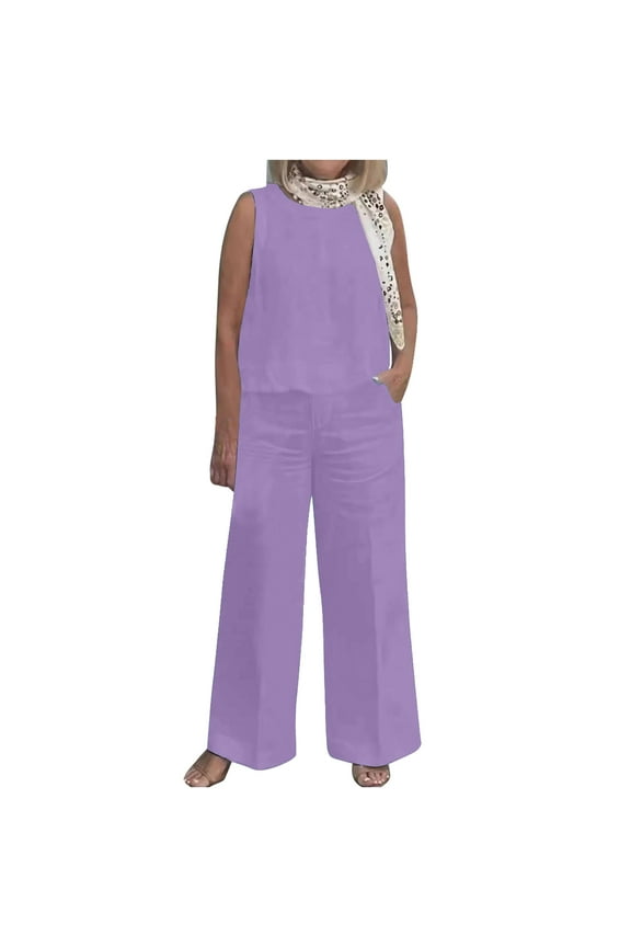 2 Piece Cotton Linen Outfits for Women Tank Top and Wide Leg Pants Suits Plus Size Dressy Matching Sets with Pockets
