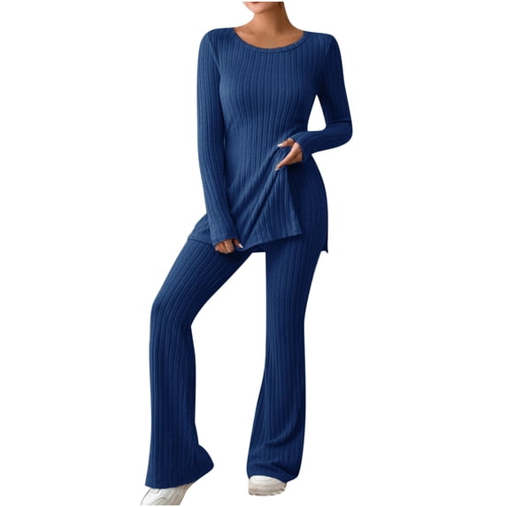 BLVB 2 Piece Fall Lounge Outfits for Women Casual Crewneck Long Sleeve Side Slit Tops and Pants Matching Sets Tracksuit
