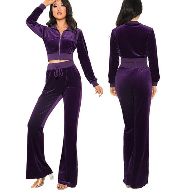 BLVB 2 Piece Outfits Velour Tracksuit for Women Zip up Crop Top Wide