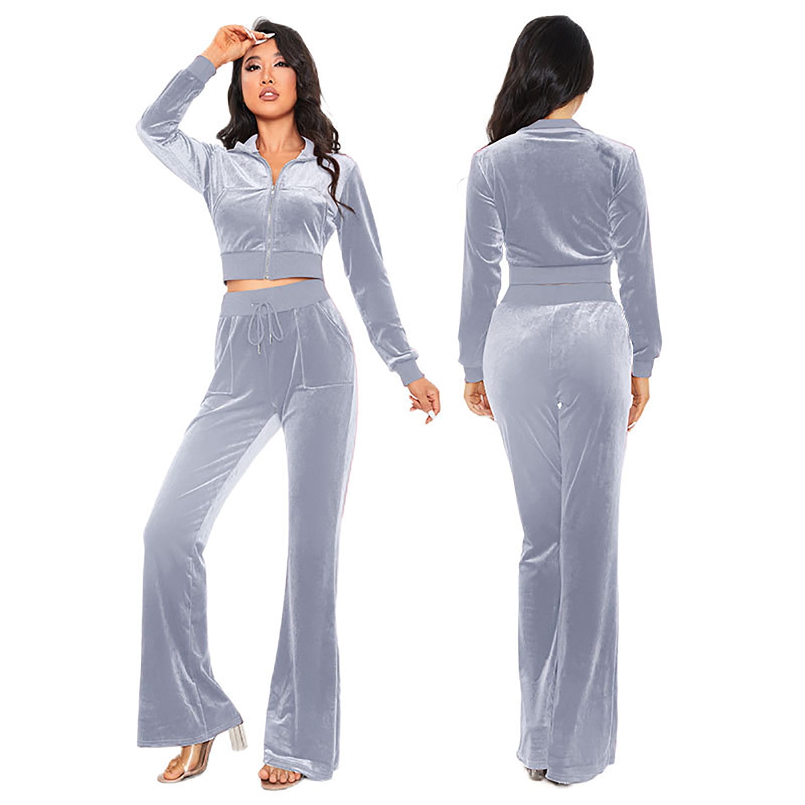 BLVB 2 Piece Outfits Velour Tracksuit for Women Zip up Crop Top Wide