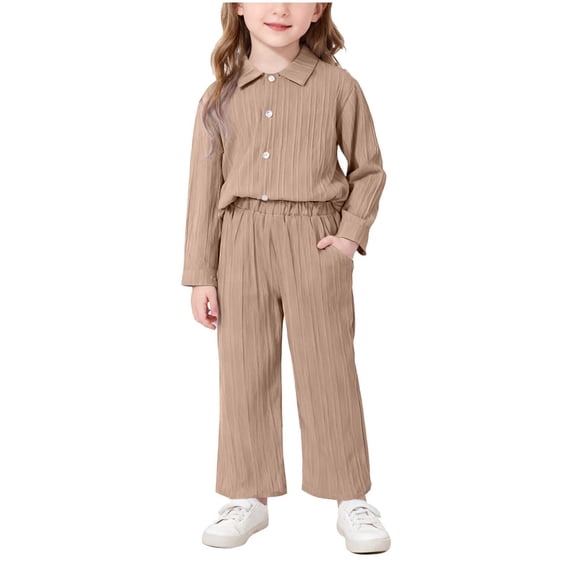 BLVB 2 Piece Outfits for Toddler Girls Textured Long Sleeve Button down Shirts with Loose Wide Leg Pants Sets with Pockets Kids Spring Clothes