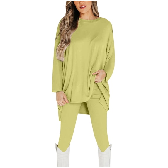 BLVB 2 Piece Outfits for Women Casual Crewneck Long Sleeve Irregular Tops and Leggings Sets Plus Size Tracksuit