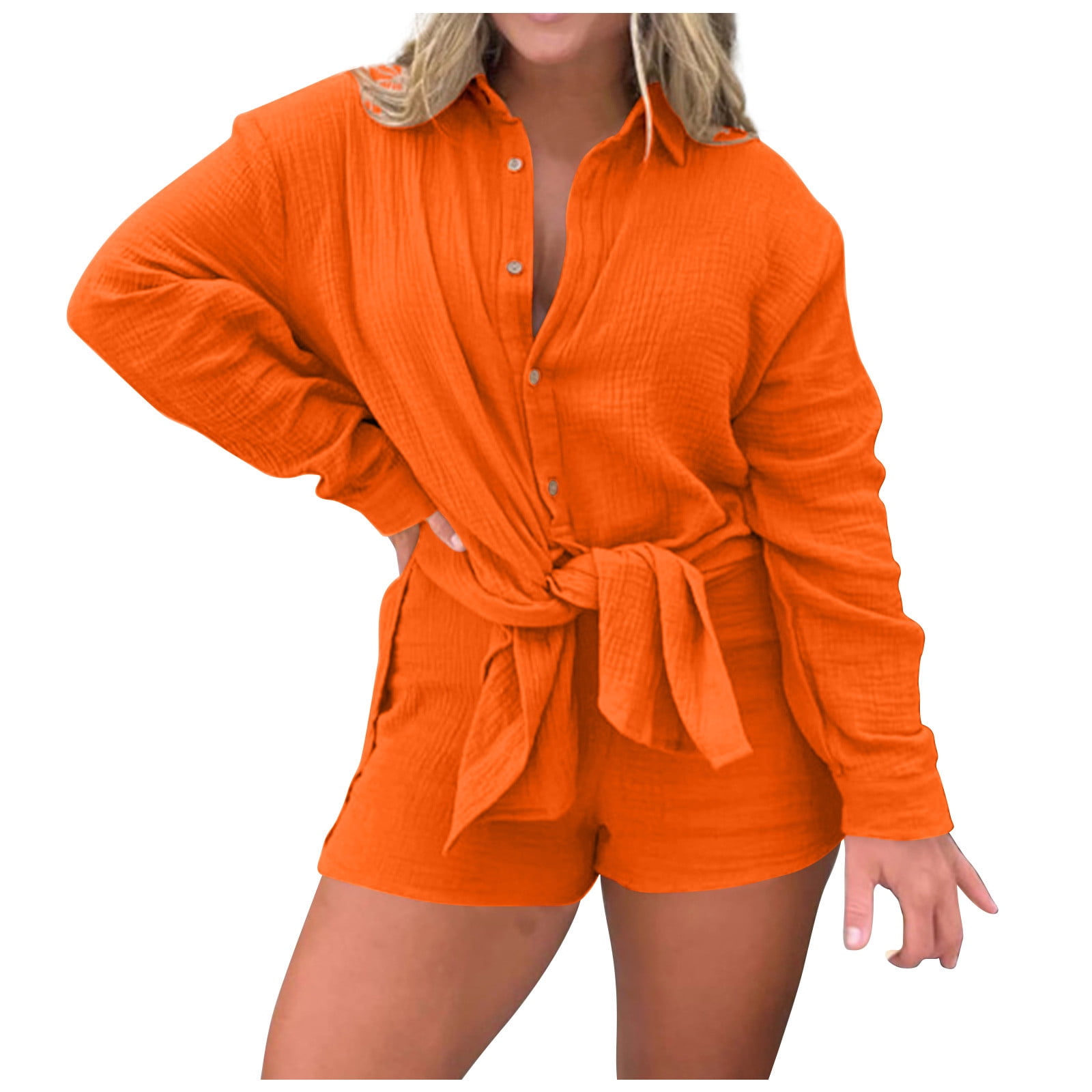 2 Piece Outfits Solid Color Loose Long Sleeve Button-Down Shirt High Waisted Shorts Set