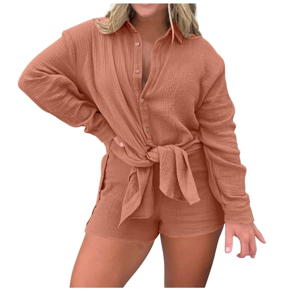 BLVB 2 Piece Outfits for Women Casual Long Sleeve Button down Oversized Shirts and Shorts Lounge Sets Fall Tracksuit