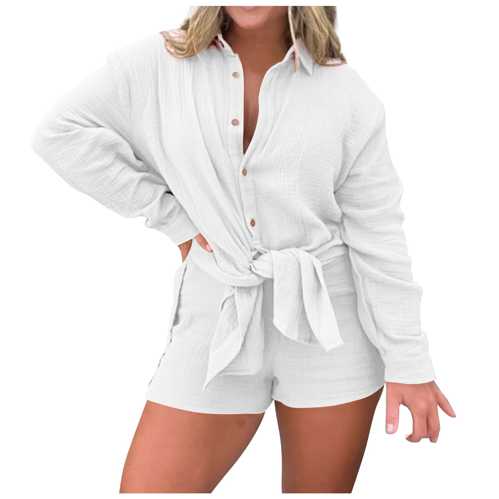 BLVB 2 Piece Outfits for Women Casual Long Sleeve Button down Oversized ...