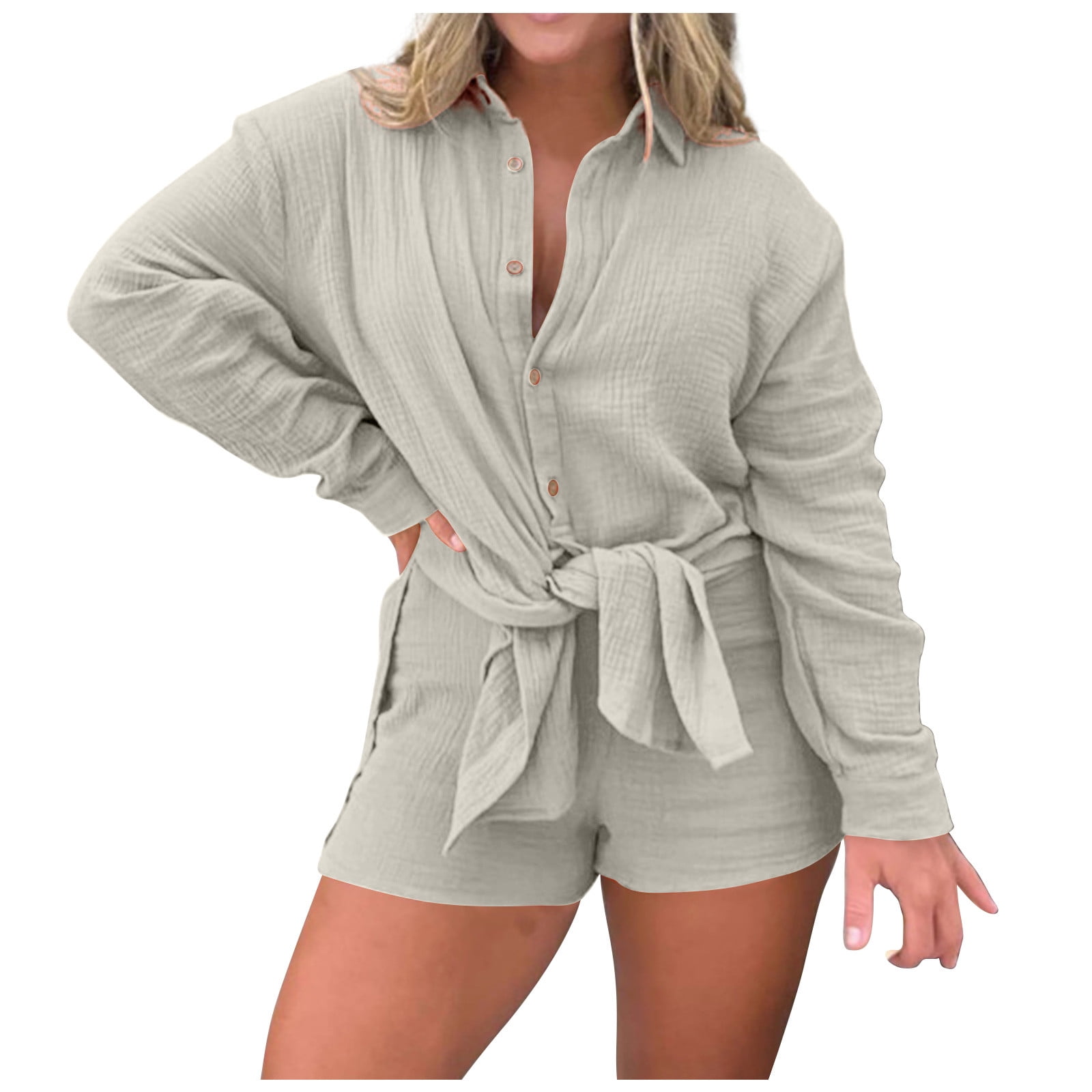 BLVB 2 Piece Outfits for Women Casual Long Sleeve Button down Oversized ...