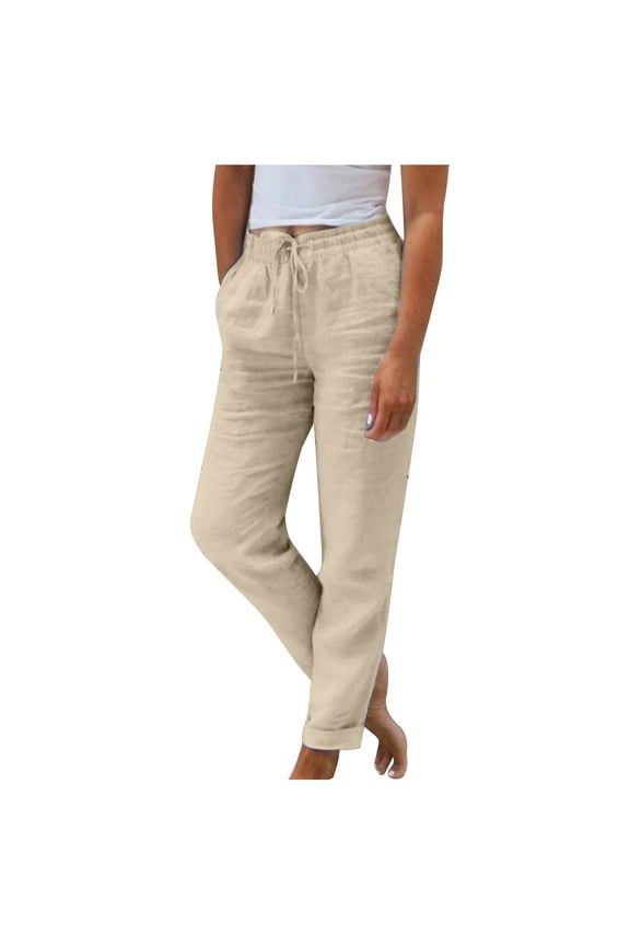 Cotton Linen Pants Women Summer Elastic Waist Casual Beach Pants Straight Leg Drawstring Trousers with Pockets