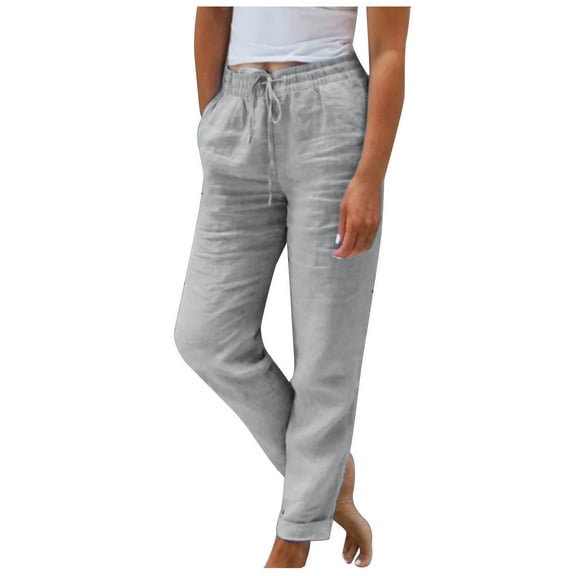 BLVB Cotton Linen Pants Women Summer Elastic Waist Casual Beach Pants Straight Leg Drawstring Trousers with Pockets