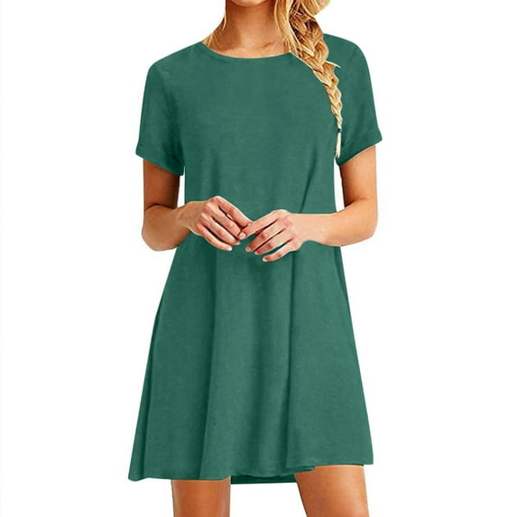 BLVB 2024 Women's Summer Casual T-Shirt Dresses Crew Neck Beach Cover up Solid Color Loose Short Tunic Dress