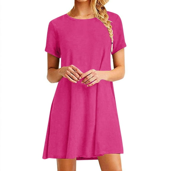 BLVB Women's Summer Casual T-Shirt Dresses Crew Neck Beach Cover up Solid Color Loose Short Tunic Dress