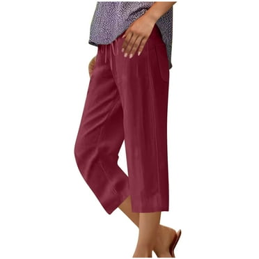 BLVB Capri Pants for Women Casual Summer Drawstring Elastic High Waist Cotton Linen Capris Straight Leg Cropped Trouser with Pockets