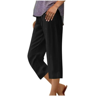 BLVB Capri Pants for Women Casual Summer Drawstring Elastic High Waist Cotton Linen Capris Straight Leg Cropped Trouser with Pockets