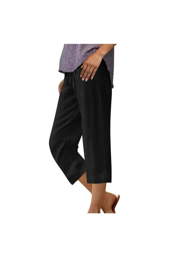 Capri Pants for Women Casual Summer Drawstring Elastic High Waist Cotton Linen Capris Straight Leg Cropped Trouser with Pockets