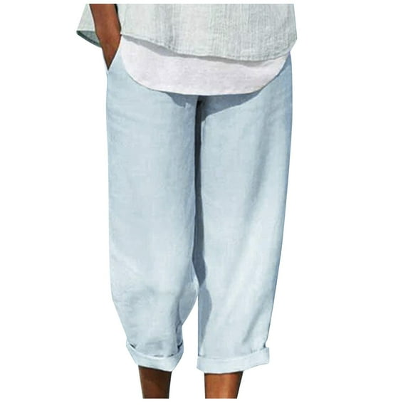 BLVB Summer Capri Pants for Women High Elastic Waist Cotton Linen Capris Casual Loose Lounge Beach Pants with Pockets