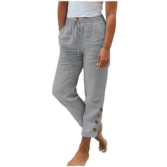 BLVB Summer Cotton Linen Pants for Women Drawstring Elastic Waist Tapered Lounge Pants Casual Trousers with Pockets