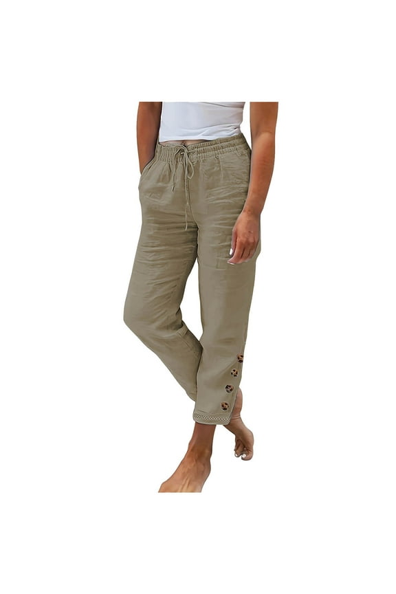 Summer Cotton Linen Pants for Women Drawstring Elastic Waist Tapered Lounge Pants Casual Trousers with Pockets