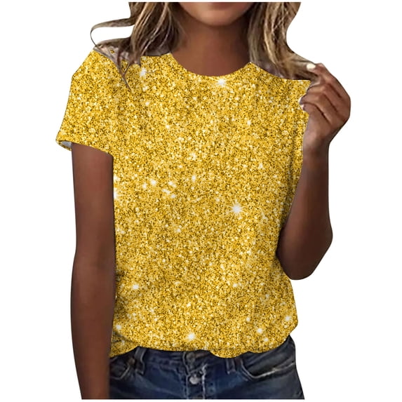 BLVB 2025 Summer Sparkly Tops for Women Crewneck Casual Short Sleeve T Shirts Loose Basic Tees Fashion Outfits