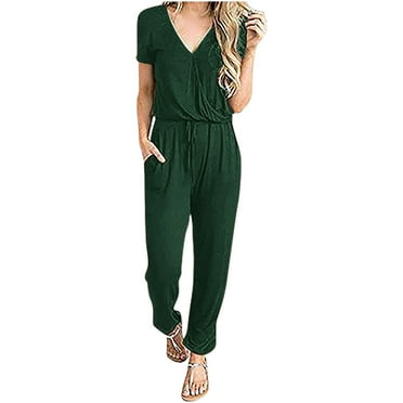 BLVB 2025 Women's Casual Summer Jumpsuits Short Sleeve V Neck Drawstring Elastic Waist Jumpsuit Romper with Pockets