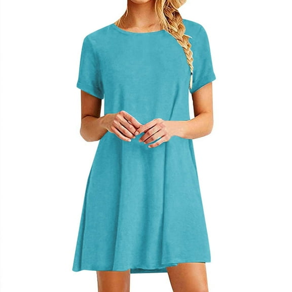 BLVB Women's Summer Casual T-Shirt Dresses Crew Neck Beach Cover up Solid Color Loose Short Tunic Dress