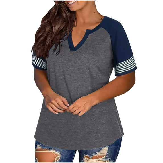 BLVB Womens Summer Plus Size Tops V Neck Short Sleeve Shirts Casual Loose Color Block Blouses Basic Tee Shirts