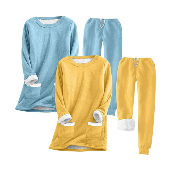BLVB 2PC Womens Warm Plush Pajama Sets Fleece Lined Long Sleeve Crewneck Sweatshirt and Pants Lounge Sets Sleepwear