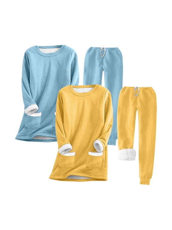 2PC Womens Warm Plush Pajama Sets Fleece Lined Long Sleeve Crewneck Sweatshirt and Pants Lounge Sets Sleepwear