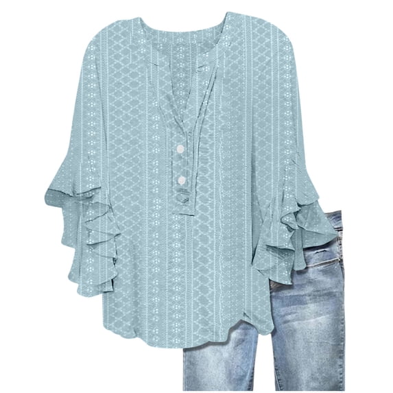 BLVB 3/4 Length Sleeve Womens Tops Summer Fall V-Neck Eyelet Blouses Spring Ruffle Sleeve Tunic T-Shirts Dressy Casual