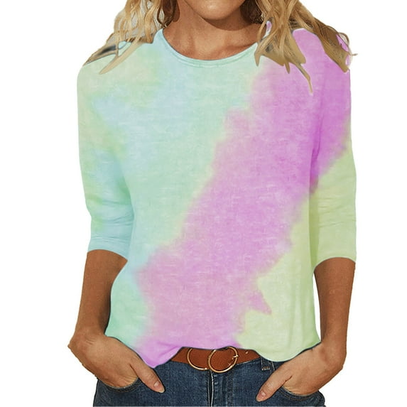 BLVB 3/4 Sleeve Shirts for Women Trendy Tie-Dyed Crewneck Long Sleeve Tops Casual Plus Size Fall Spring Blouse
