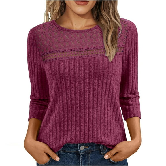 BLVB 3/4 Sleeve Tops for Women Crewneck Ribbed Knit Lightweight Sweaters Pullover Casual Fall Fashion Tunic Blouses
