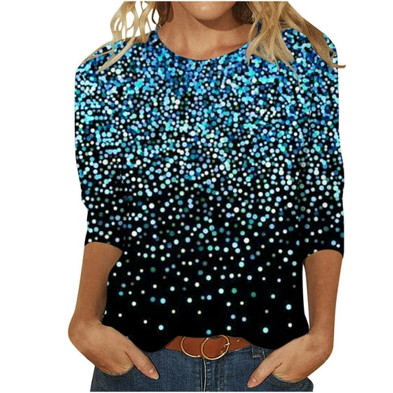 BLVB 3/4 Sleeve Tops for Women Dressy Casual Crewneck Shirts Glitter Tunic Tops Basic Trendy Ladies Blouses Plus Size