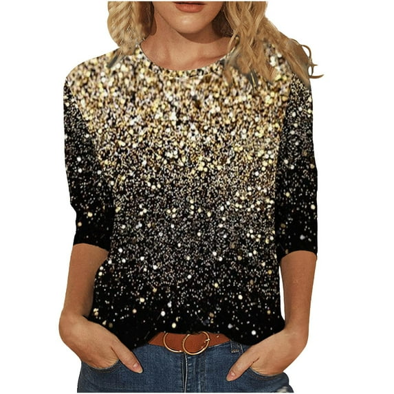 BLVB 3/4 Sleeve Tops for Women Dressy Casual Crewneck Shirts Glitter Tunic Tops Basic Trendy Ladies Blouses Plus Size