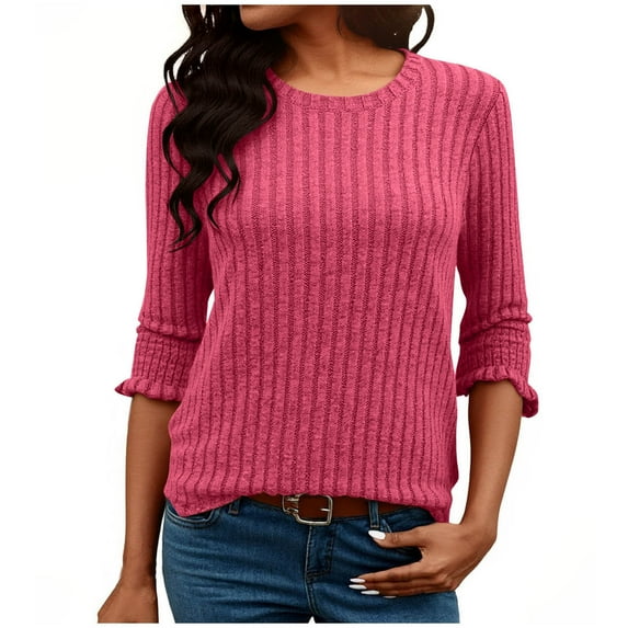 BLVB 3/4 Sleeve Tops for Women Lightweight Sweaters Fall Outfits Dressy Casual Soft Pullover Crewneck Shirts Blouses