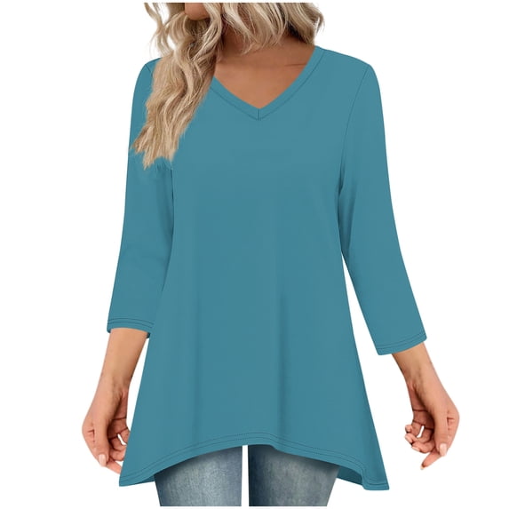 BLVB 3/4 Sleeve Tunic Tops for Women Loose Fit Dressy Casual Blouses V Neck Oversized T Shirts with Asymmetrical Hem